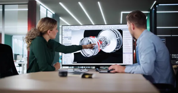 Zwei Personen besprechen ein 3D-CAD-Modell einer Baugruppe an einem großen Bildschirm